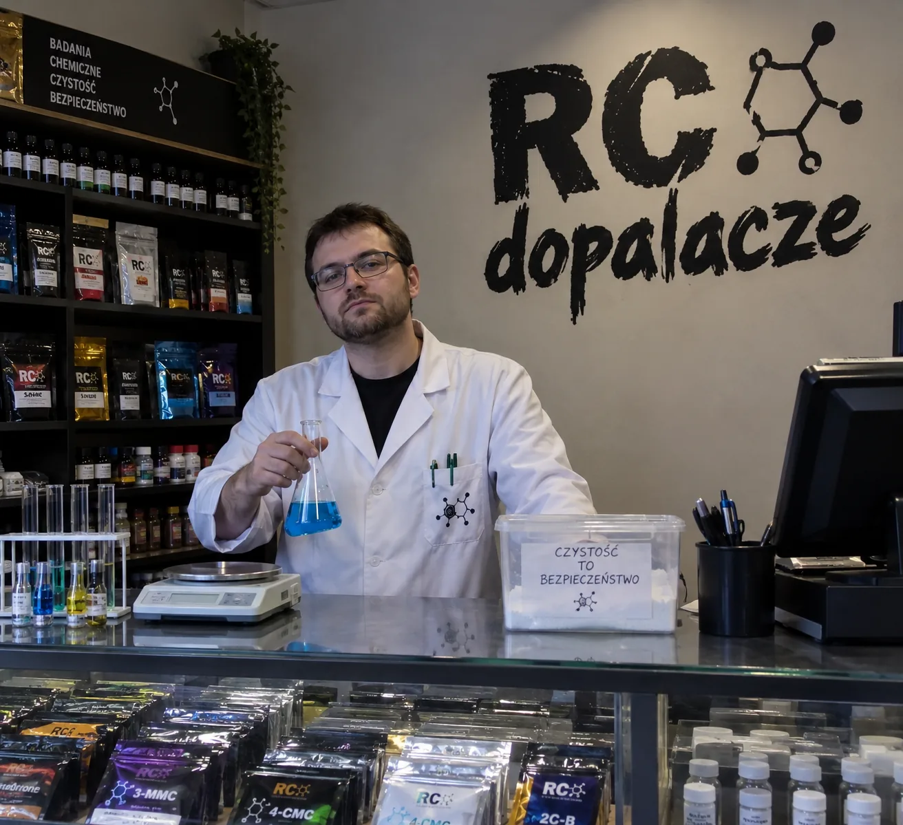 Lada sklepu RC Dopalacze i pracownik w fartuchu laboratoryjnym